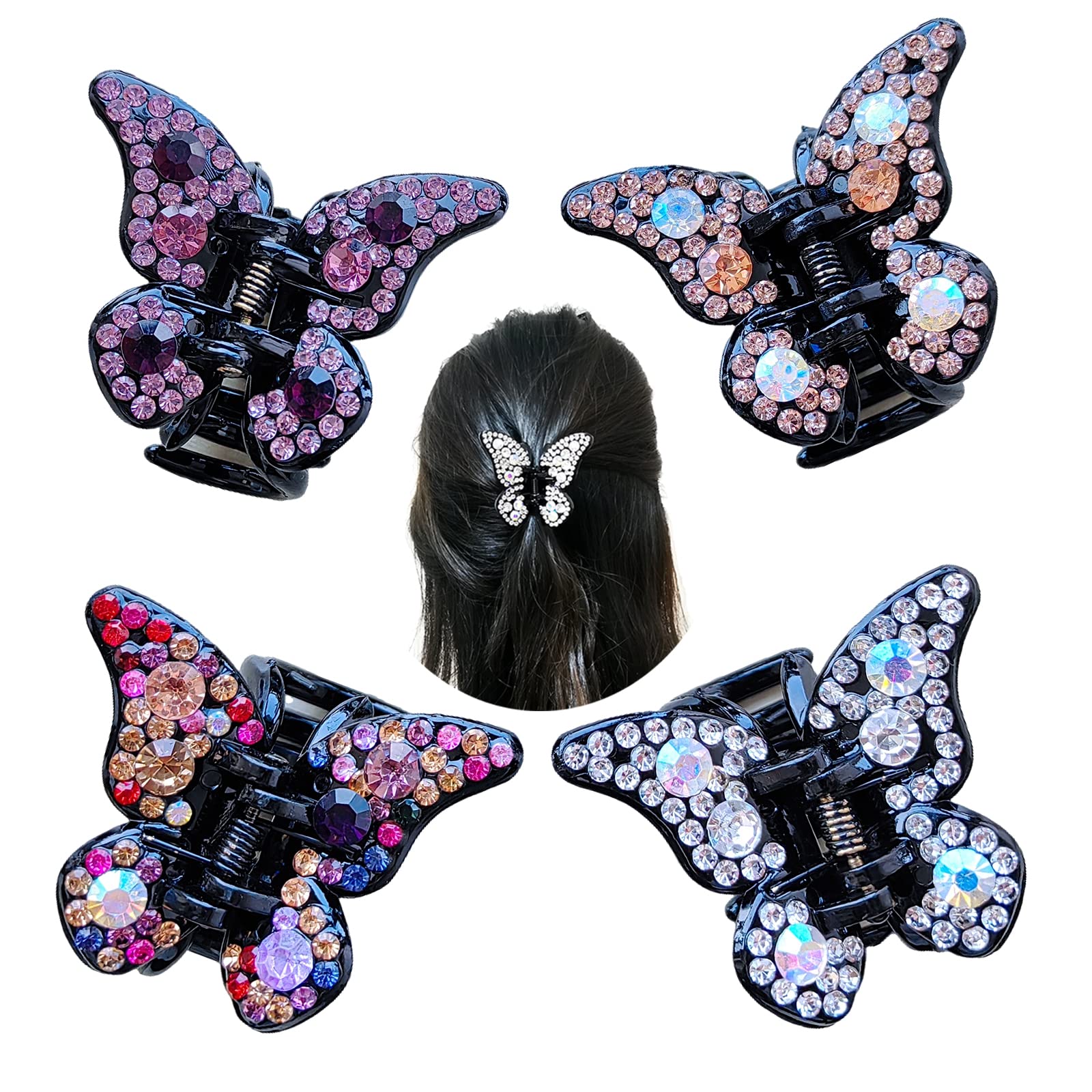 Elegant Black Butterfly Rhinestone Hair Clips for Women - 4PCS Crystal Rhinestone Claw Clips Set - Small Hair Accessories for Parties, Weddings & Everyday Style