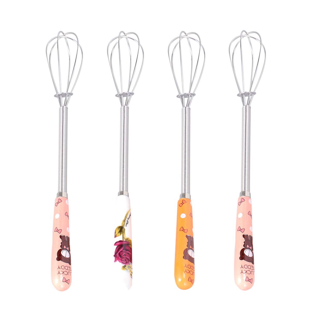 DOITOOL 4-Piece Cartoon Egg Whisk Set with Ceramic Handle - Manual Coil Whisk for Mixing, Blending & Beating Eggs (Random Colors) - Perfect for Baking, Cooking & Kitchen Decor