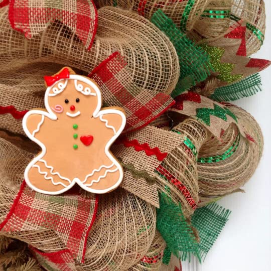 Handmade Gingerbread Cookies Christmas Wreath - Festive Deco Mesh Holiday Decor for Door, Wall, and Fireplace Mantel