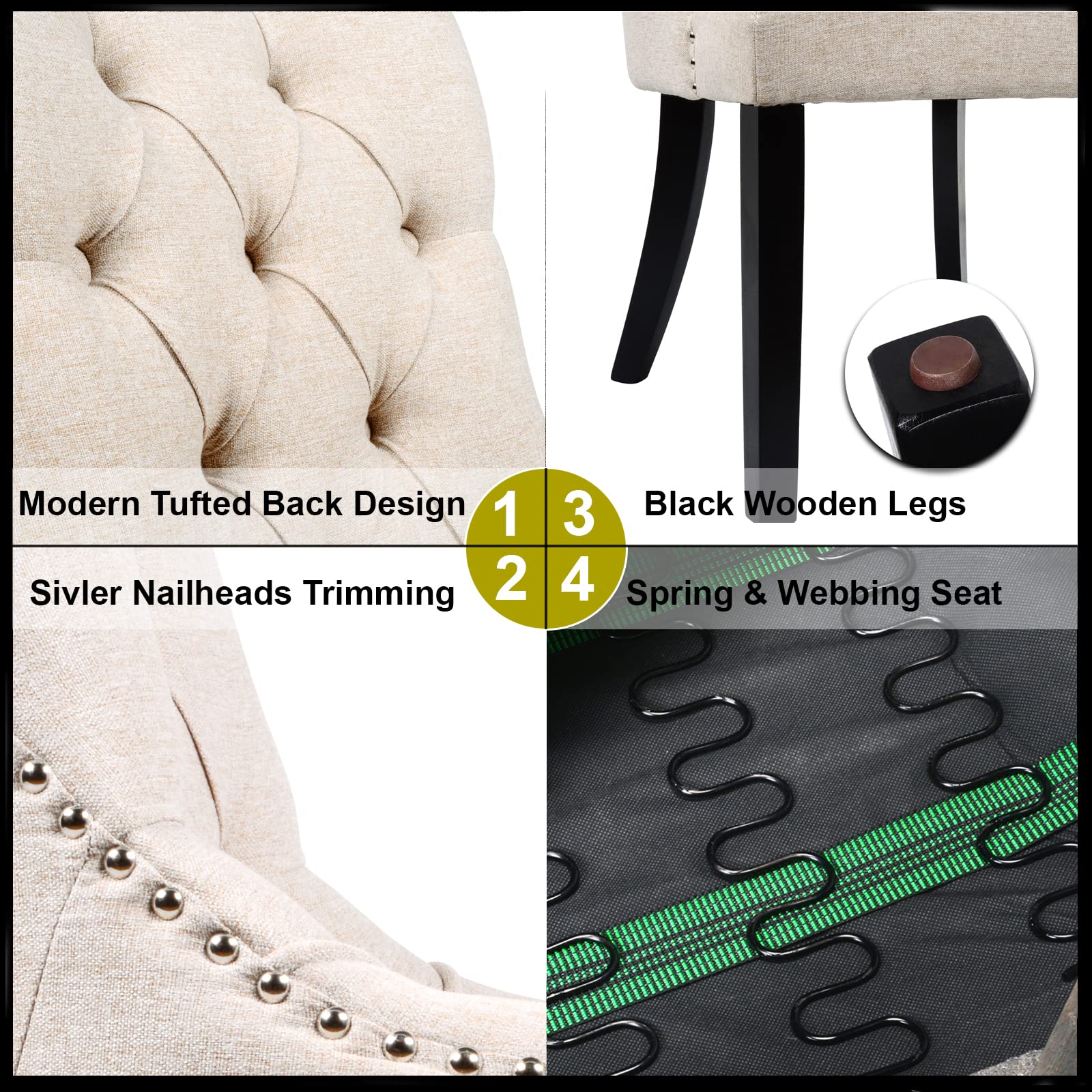 Elegant Modern Dining Chairs Set of 4 - Upholstered Fabric Kitchen Chairs with Black Wood Legs & Rivet Details for Dining Room, Parties, Weddings & Events (Cream) - Perfect for Home Entertaining, Restaurant Style Seating & Formal Occasions