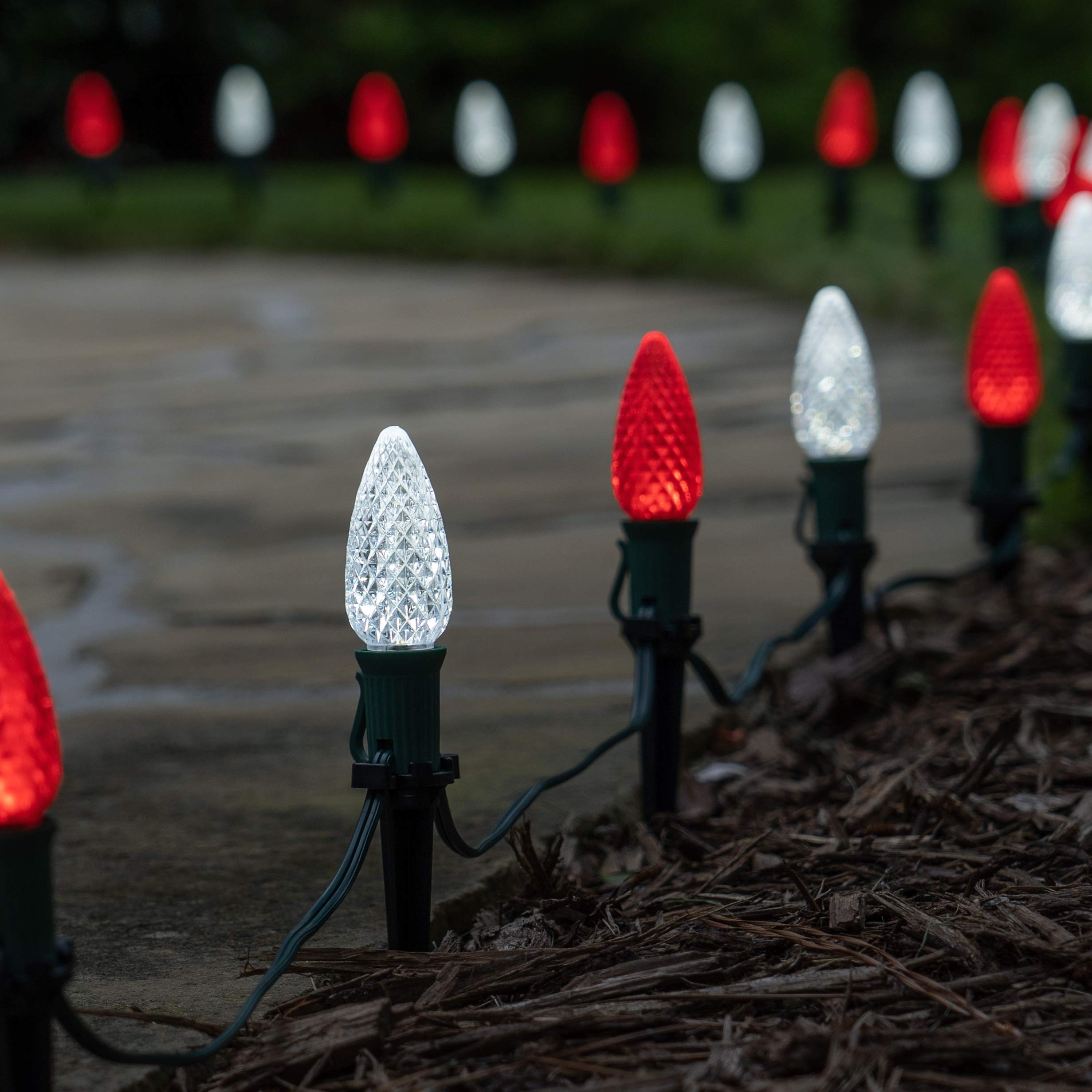100’ OptiCore LED Christmas Pathway Lights - Red & Cool White C9 Outdoor Candy Cane Walkway String Lights with 4.5” Stakes & Green Wire Plug | Perfect for Holiday Decorations, Garden Lighting, and Driveway Illumination