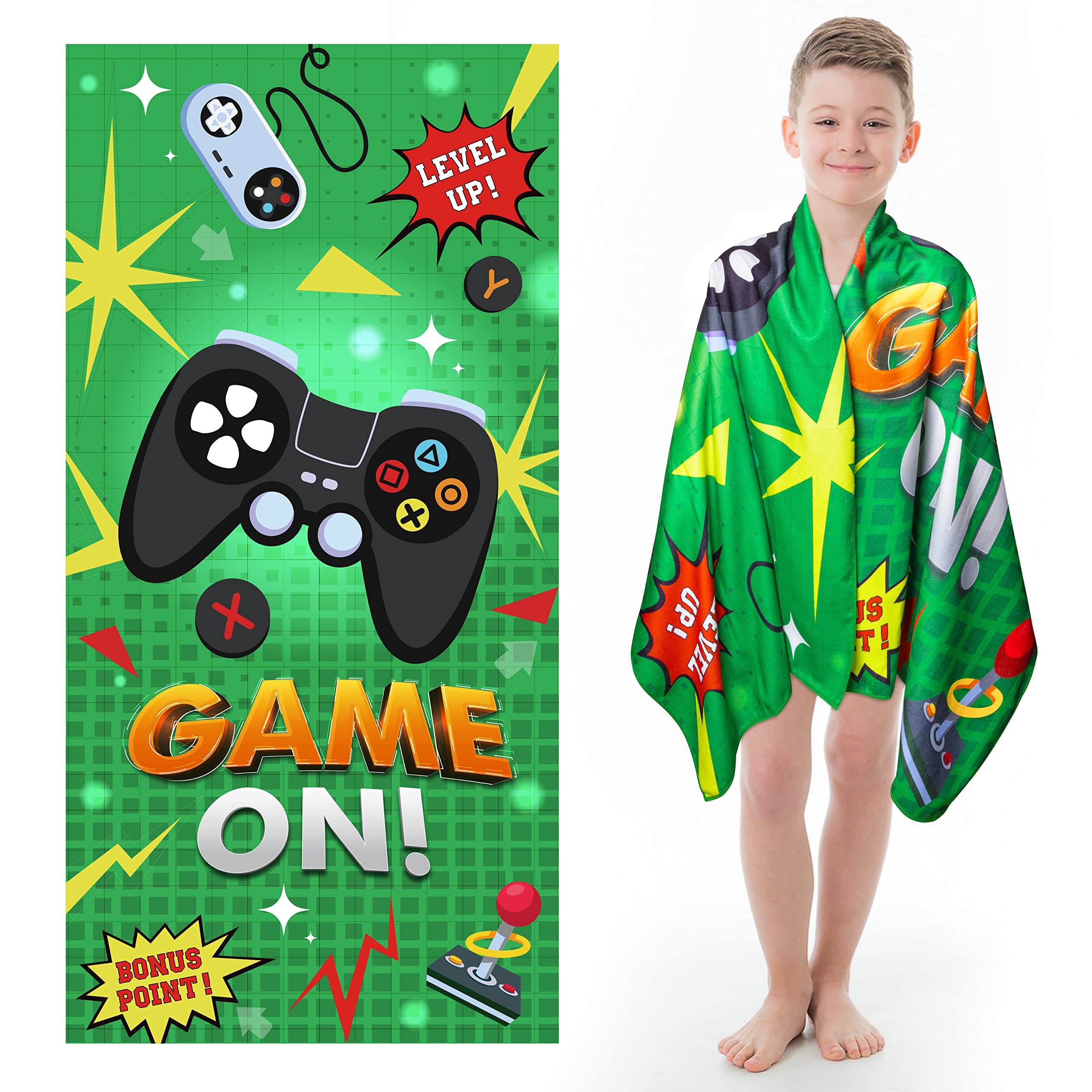 RHORSE Green Video Game Themed Beach Towel - 60x30 Inches Microfiber, Quick-Drying, Soft & Lightweight - Perfect for Pool, Beach, Gaming Events & Outdoor Activities