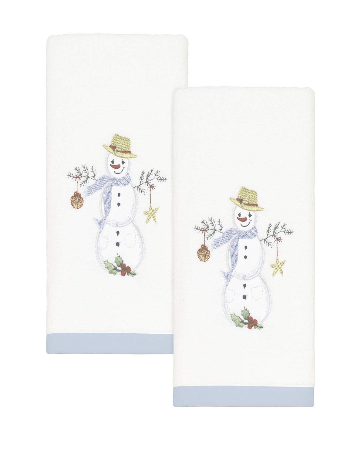 Avanti Linens - Set of 2 Embroidered Cotton Velour Fingertip Towels | Soft Festive Home Decor | Coastal Snowman Collection | Perfect for Bathrooms, Guest Towels & Holiday Decorations