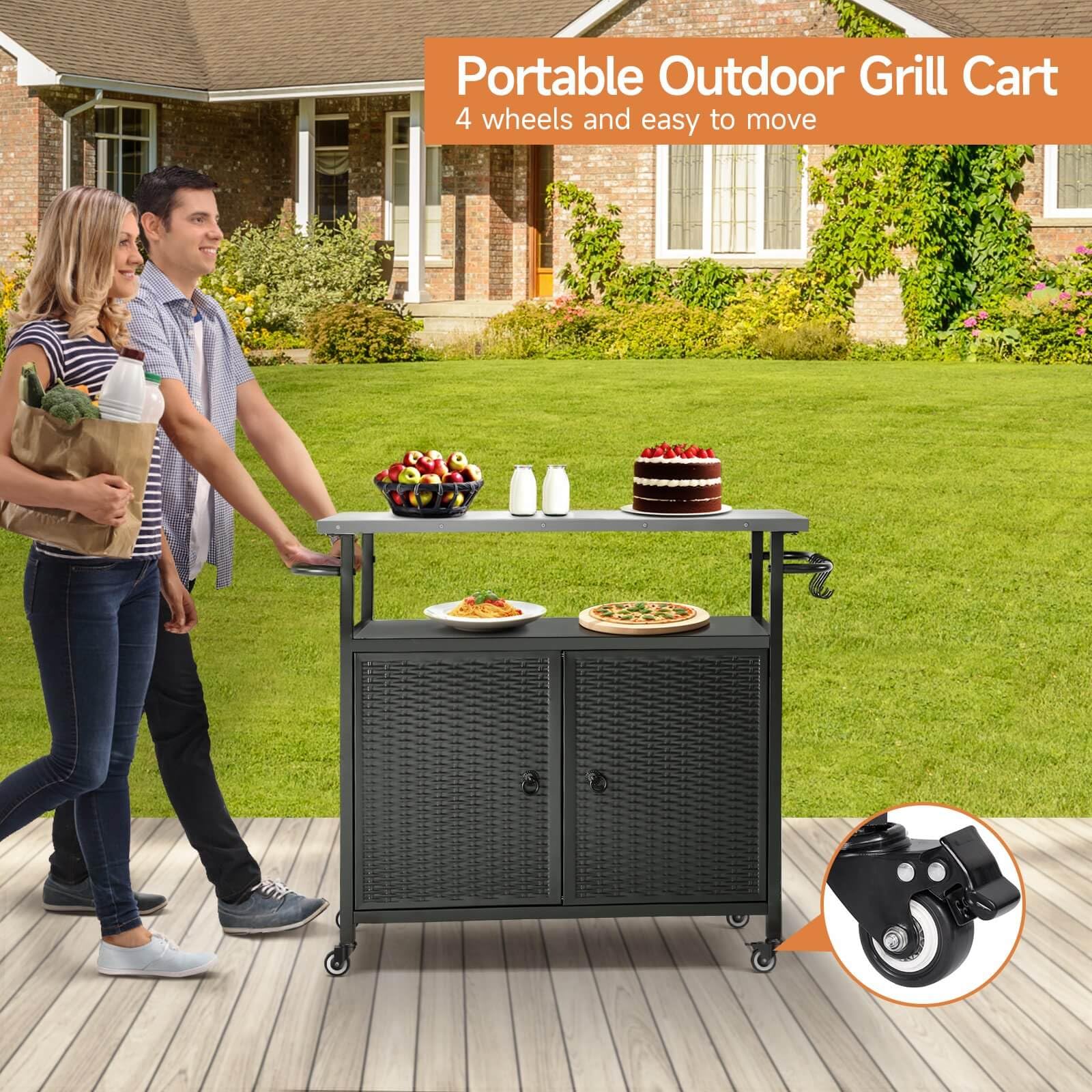 Outdoor Storage Cabinet with Wheels - Stainless Steel Top Kitchen Island Cart for BBQ, Patio & Backyard - Perfect for Outdoor Entertaining, Grilling & Garden Storage