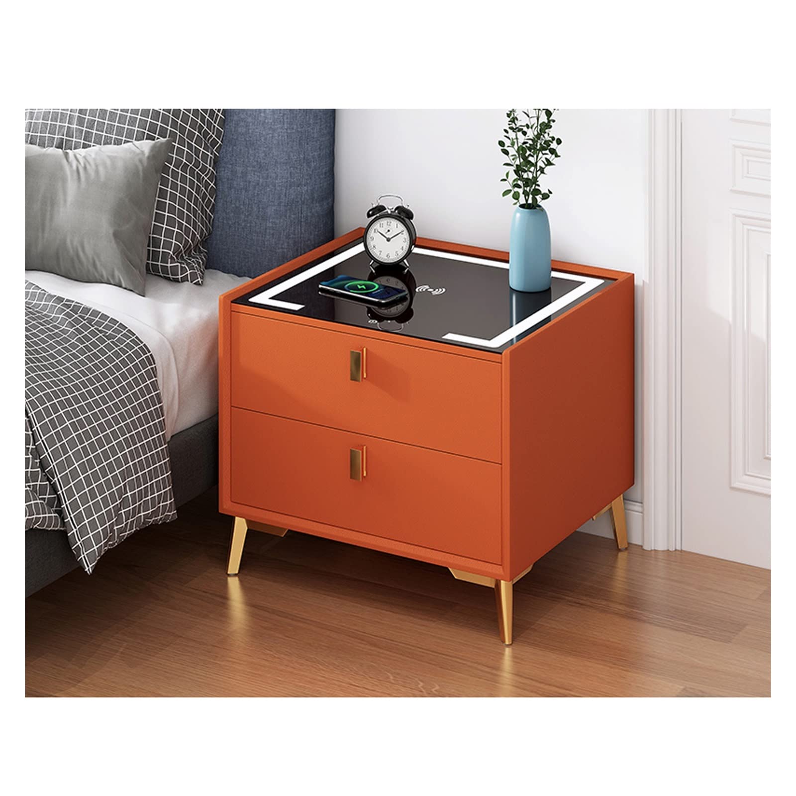 AVLUZ Modern Nightstand with USB Charging Station & LED Lights, 2-Drawer Bedside Table with 3 Adjustable Lighting Modes, Compact Storage Cabinet for Bedroom - Orange | Perfect for Small Spaces, Apartment Living & Guest Rooms