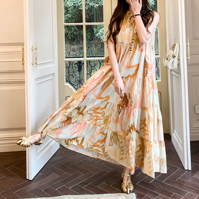 2025 Trendy Holiday Style High-End Oil Painting Print Vest Dress for Women - Summer Elegant Fashion Dress for Parties, Vacations & Special Occasions