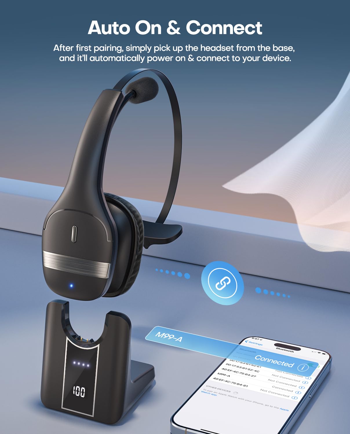 Gixxted V5.3 Wireless Bluetooth Headset with Microphone - Noise Canceling PC Headset for Computer, Office Work & Gaming - 130H Playtime, LED Power Display, Charging Base & Mute Button - Perfect for Video Calls, Online Meetings & Remote Work
