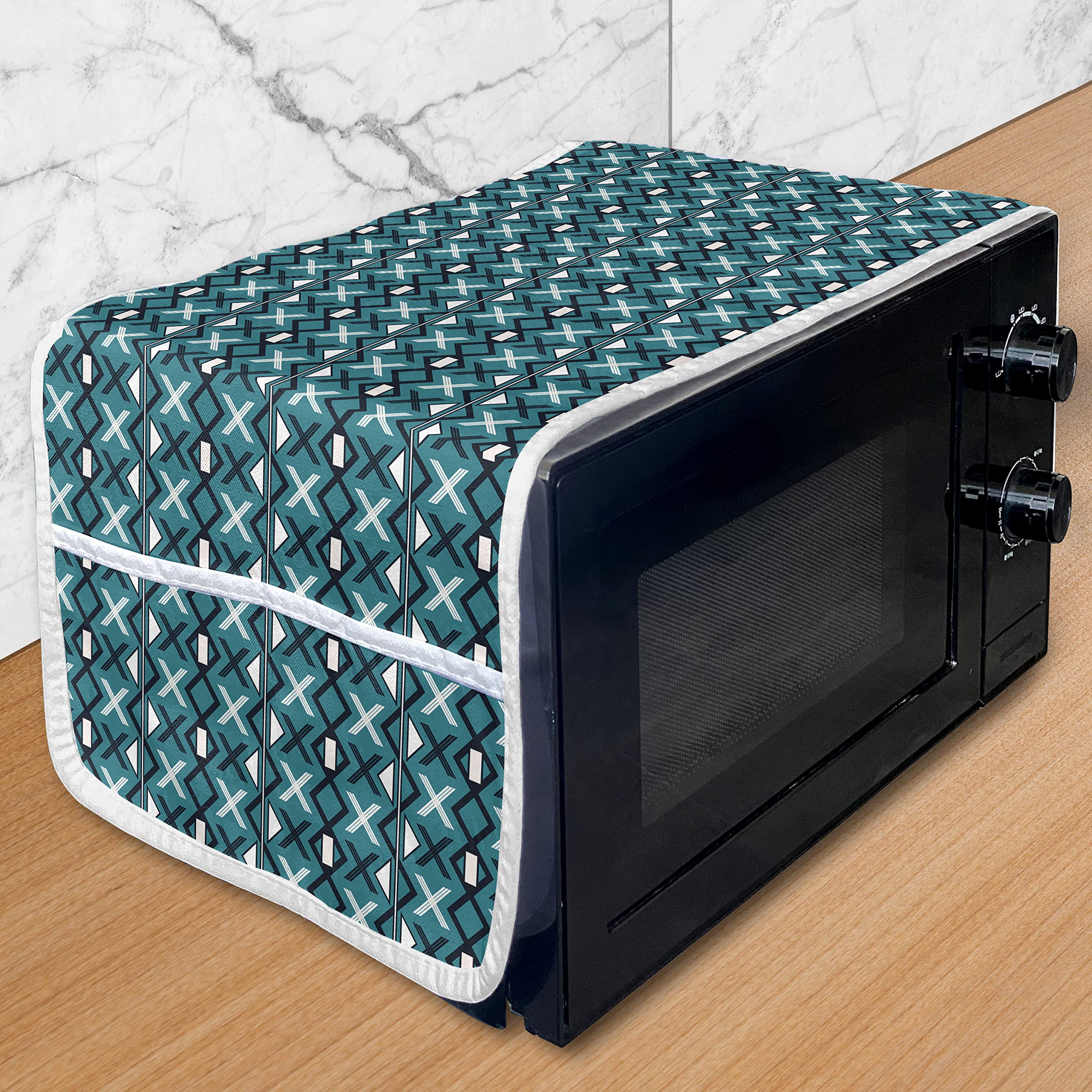 Ambesonne Waterproof Microwave Cover - Abstract Geometric Design with Crosses, Triangles & Rectangles - Teal, Dark Blue & White Kitchen Organizer (36