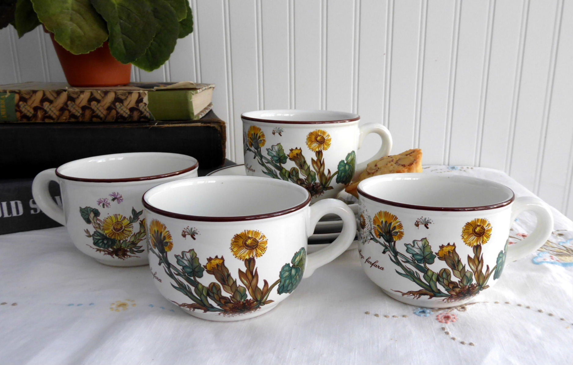 Villeroy & Boch Botanica 4-Piece Stoneware Coffee Cup and Saucer Set with Botanical Names - Vintage 1980s Dinnerware for Tea, Coffee, or Collectible Display