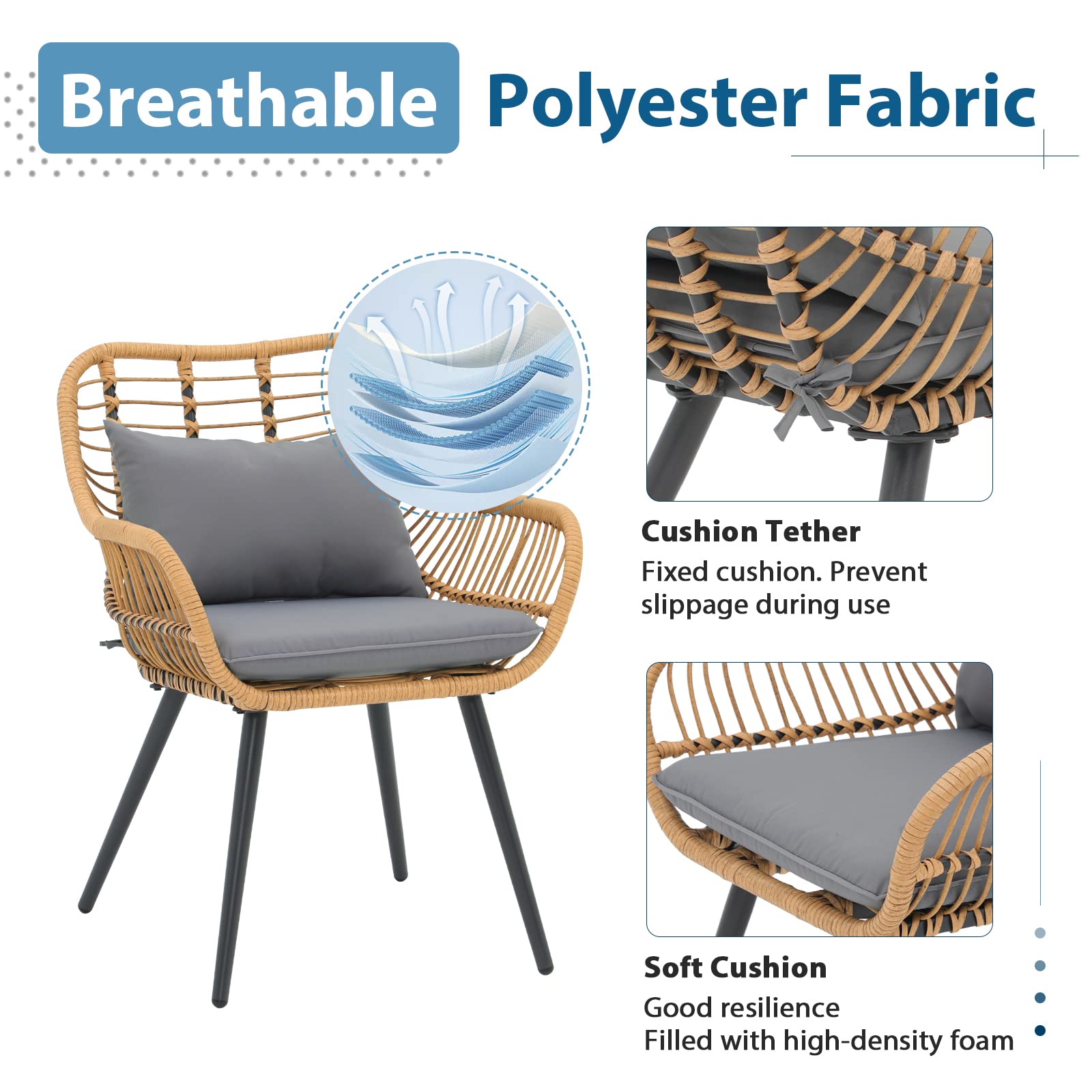 JOIVI 5-Piece Outdoor Patio Furniture Set - Wicker Rattan Conversation Set with Gray Cushions, 2 Chairs, Ottoman & Round Side Table for Porch, Balcony, Garden, Backyard - Perfect for Relaxing & Entertaining Outdoors