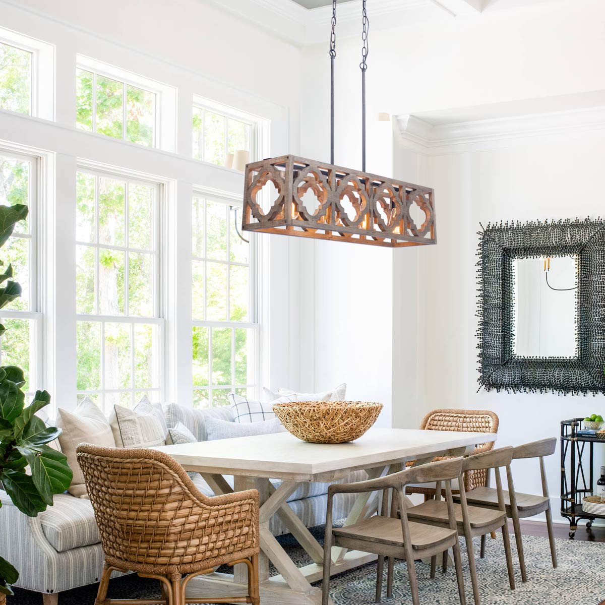 Farmhouse Rectangle Wood Kitchen Island Pendant Light - 4-Light Industrial Linear Chandelier for Dining Room, Living Room & Foyer - Rustic Lighting Fixture for Modern Farmhouse, Restaurant & Coffee Shop Decor