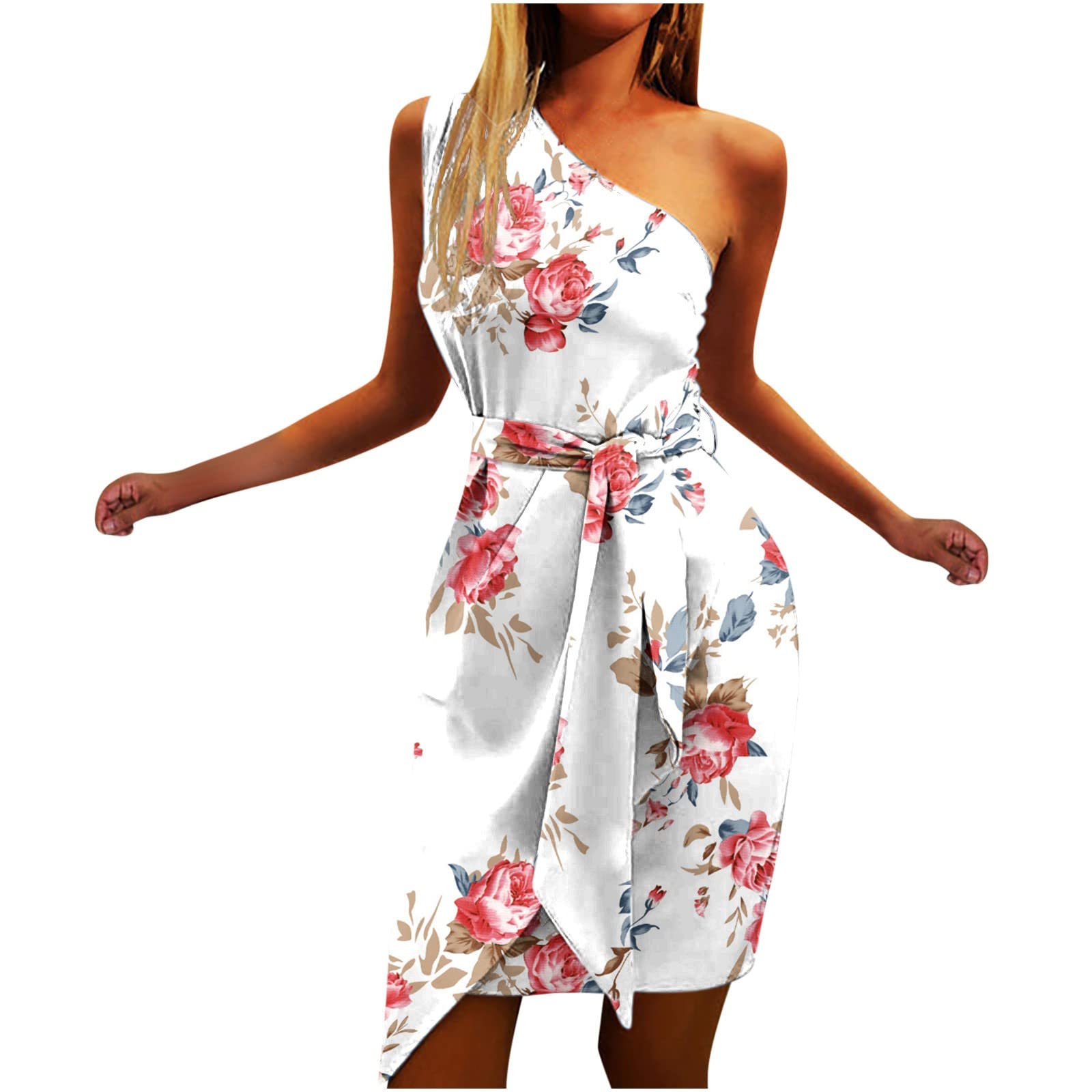 LOOKAA Women's Off Shoulder Floral Print Summer Dress with Belt - Sexy Slim Fit Casual Dress for Beach, Party & Vacation