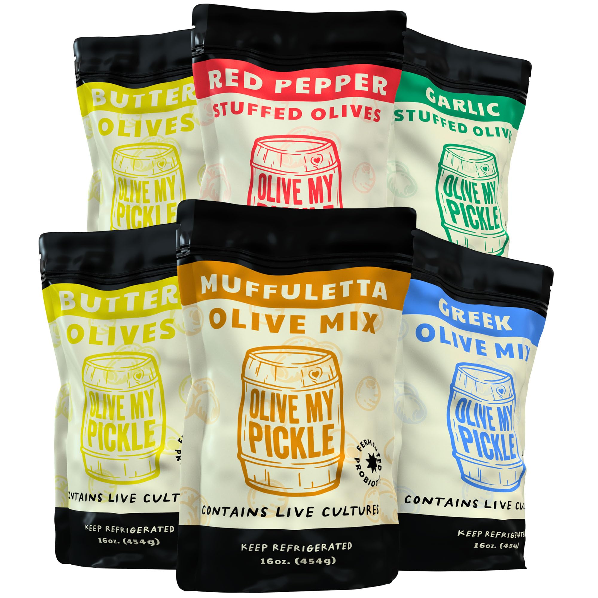 Live Culture Probiotic Mixed Olives 6-Pack - Butter Green Pitted Olives, Red Pepper & Garlic Stuffed Olives, Greek Olive Mix & Muffuletta Salad | Gut-Healthy Snack for Charcuterie Boards, Salads & Mediterranean Dishes