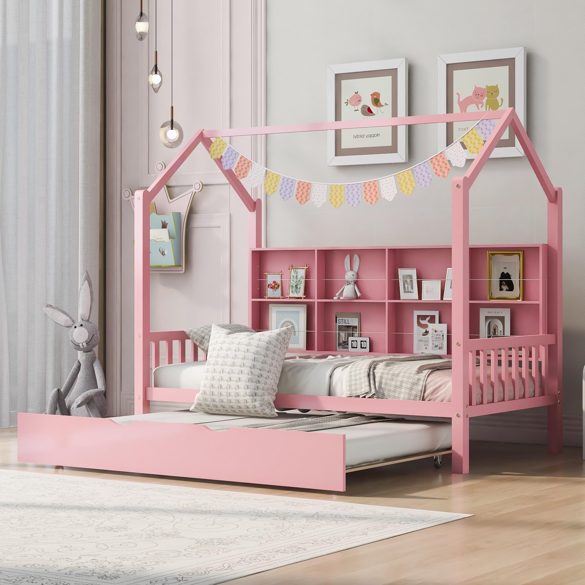 Harper & Bright Designs Twin Size House Bed with Trundle - Wooden Twin Bed Frame with Storage Shelf - Montessori Kids Bed with Roof for Girls & Boys - No Box Spring Needed - Pink - Perfect for Kids' Bedrooms, Playrooms & Montessori Learning Spaces