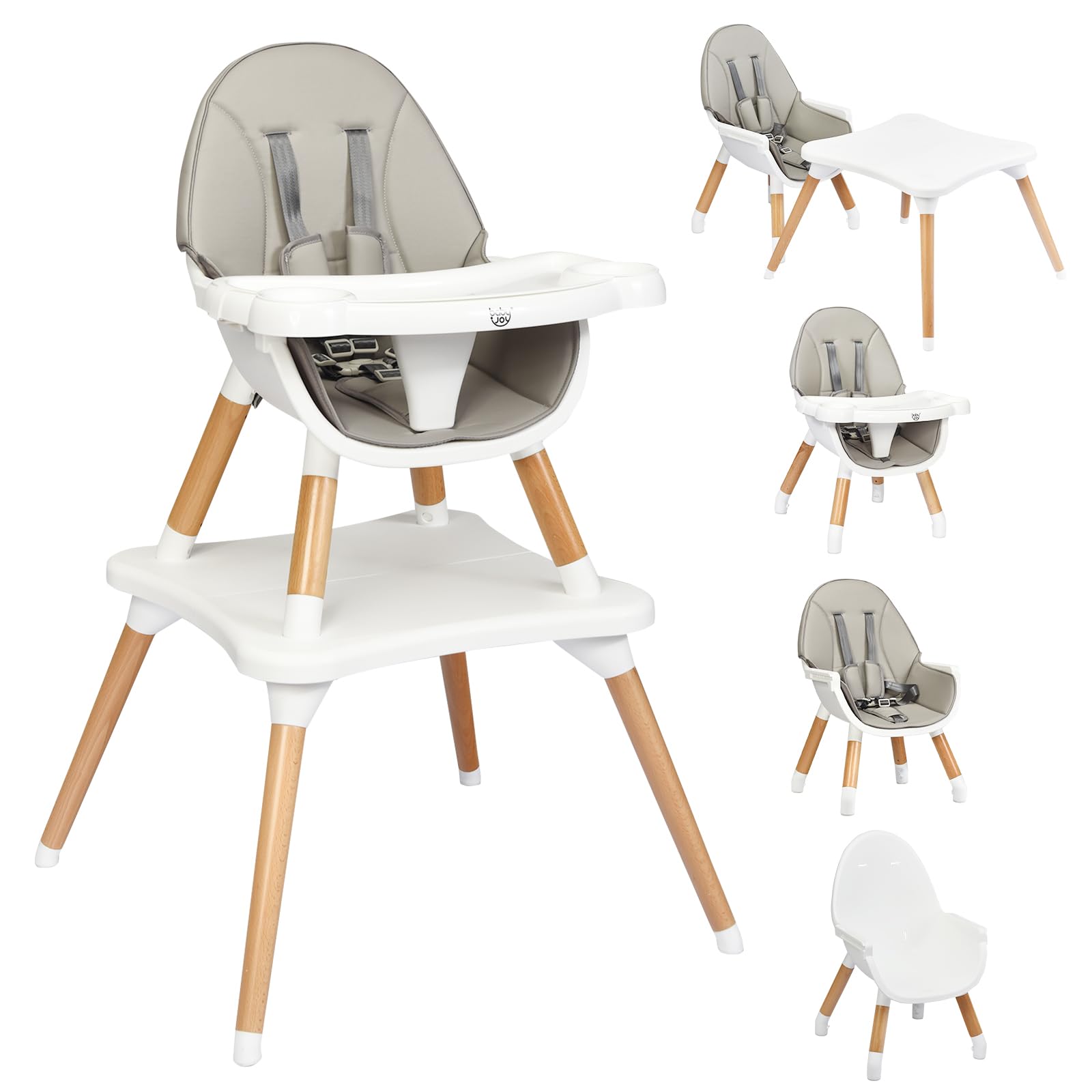 BABY JOY 5-in-1 Convertible High Chair for Babies & Toddlers - Wooden Booster Seat with 5-Point Harness, 4-Position Removable Tray & PU Cushion - Gray - Perfect for Dining, Feeding & Playtime at Home or Restaurant