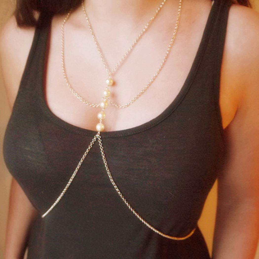 Zehope Boho Pearl Layered Body Chain Necklace - Gold Sexy Bra Body Jewelry for Women & Girls - Perfect for Beach, Bikini, Waist & Belly Accessories | Festival, Party & Vacation Wear