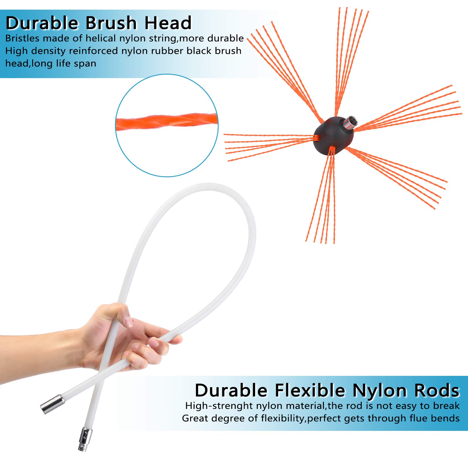 33FT Chimney Sweep Kit with Extension Rods - Flexible Nylon Rotary Brush for Fireplace Cleaning - Electric Drill Compatible Chimney Cleaning Tool (10 Rods Included) - Perfect for Wood Stove, Fireplace & Chimney Maintenance