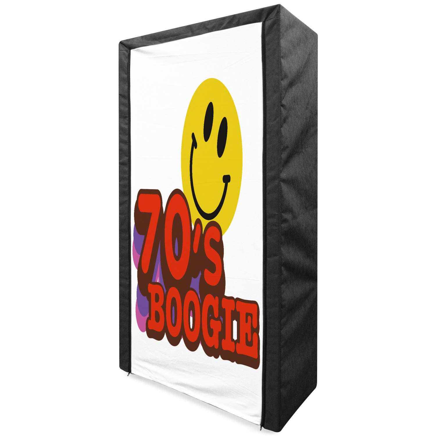 Ambesonne 70s Themed Portable Fabric Wardrobe - Vintage Boogie Funny Smiling Emoji Print Clothing Organizer with Shelves, 33.5 Inch, Yellow Red Purple - Perfect for Bedroom Closet Storage, Dorm Room Organization & Party Decor