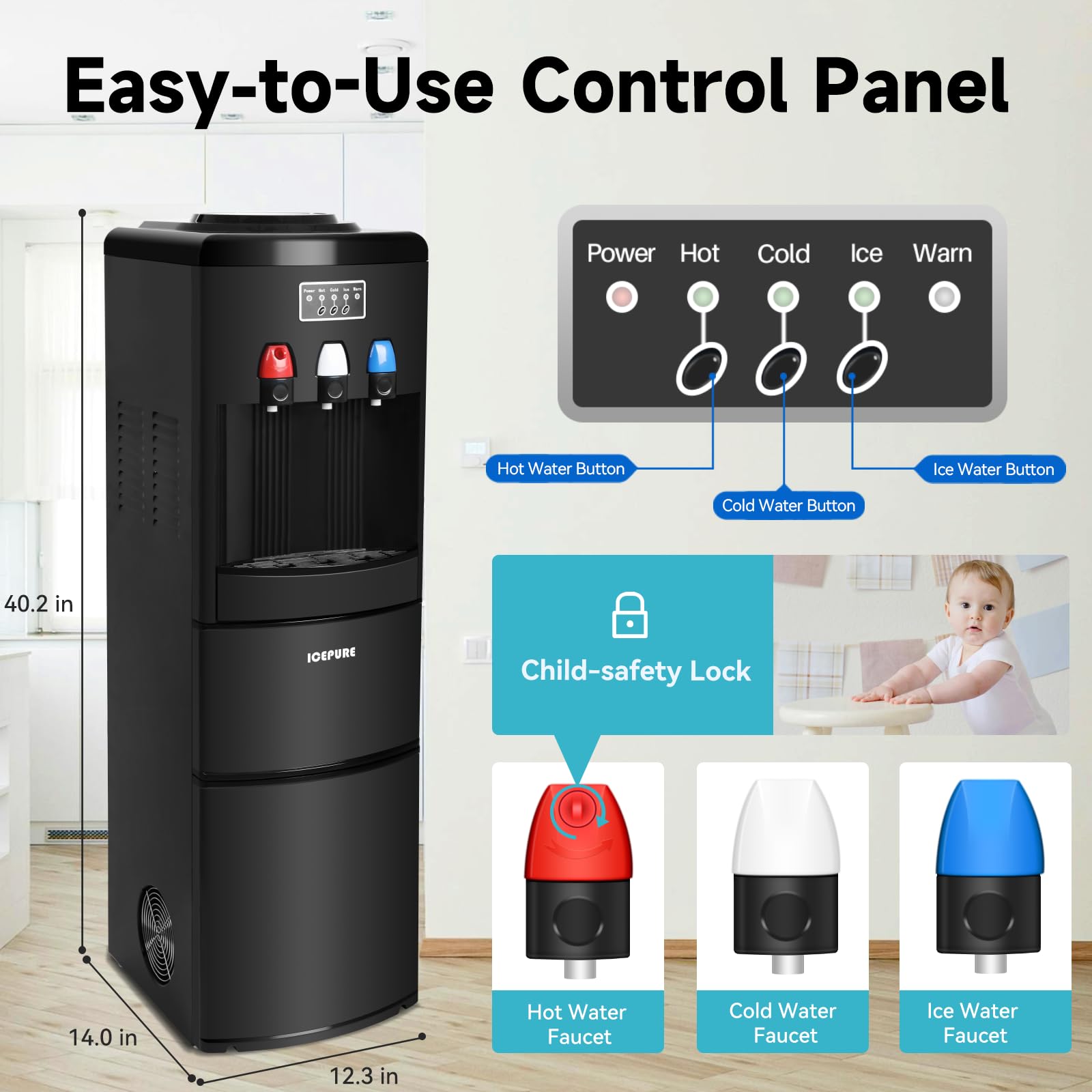 ICEPURE 3-in-1 Countertop Water Dispenser with Ice Maker - 26.5lbs/24H Bullet Ice Machine, Hot & Cold Water Cooler for 3-5 Gallon Bottles, Child Safety Lock, Black - Perfect for Home, Office, Kitchen, and Party Use
