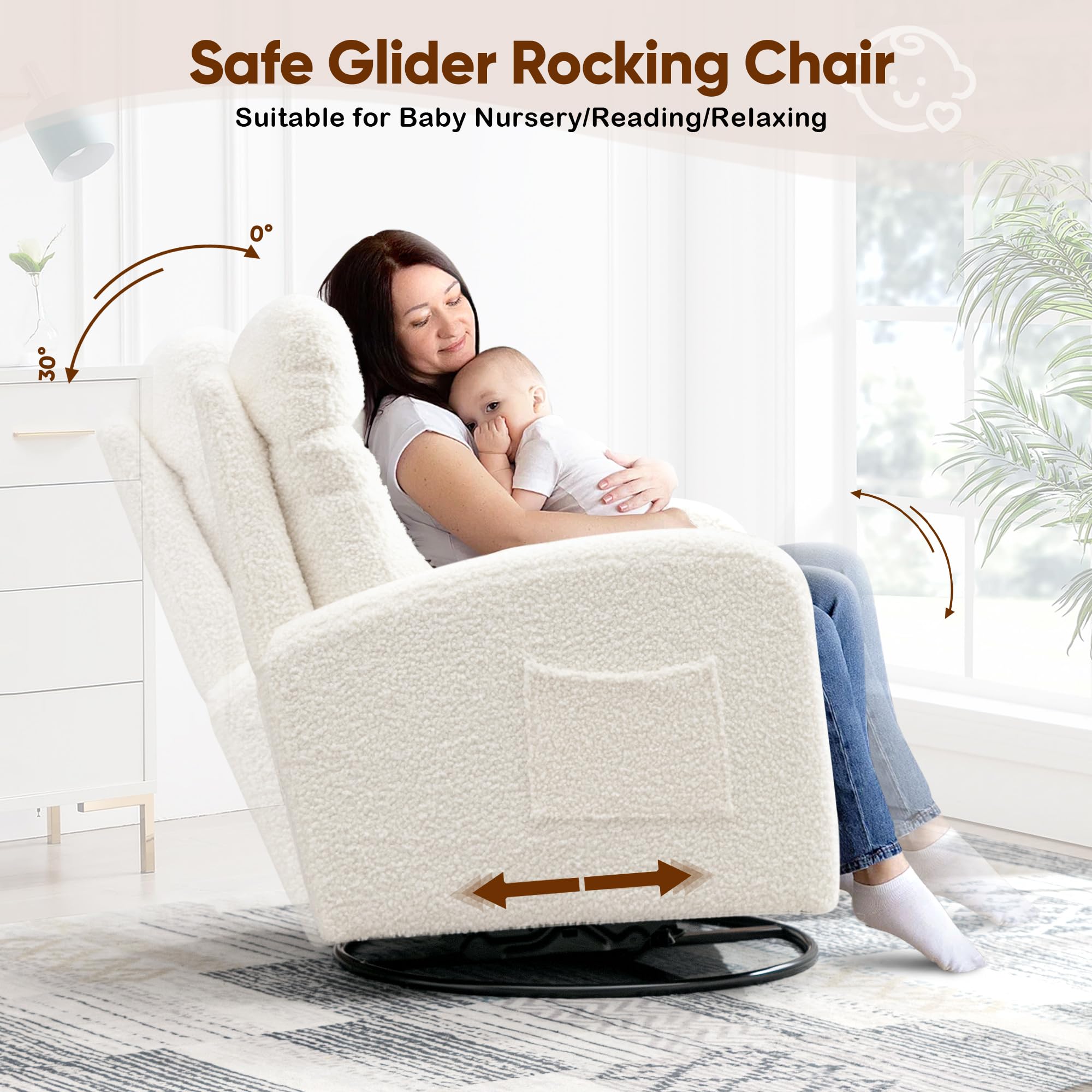 360° Swivel Glider Chair for Nursery & Living Room - Modern Ergonomic Rocking Recliner with High Back & Side Pocket - Cream White Boucle Upholstered Accent Chair for Bedroom, Nursery, Office - Perfect for Nursing, Relaxing & Reading