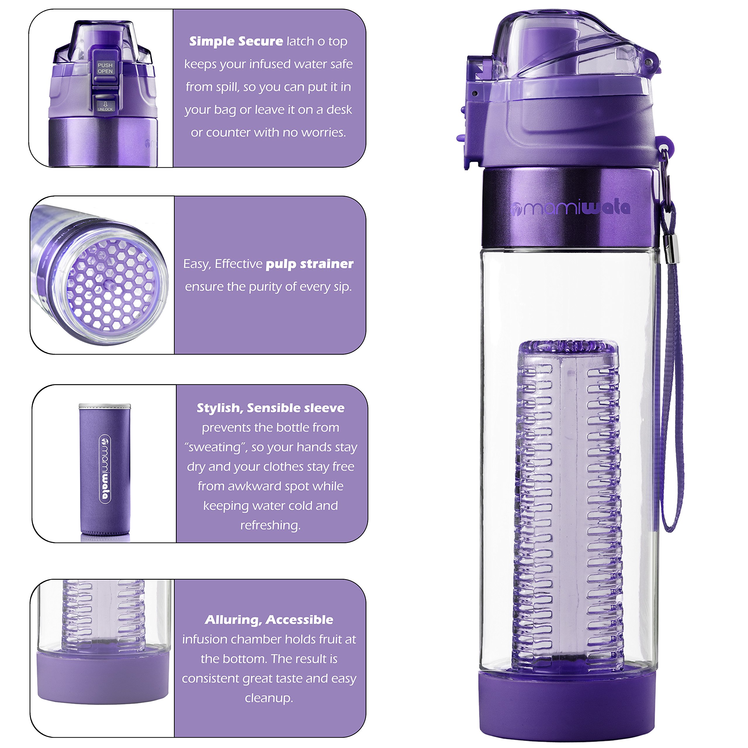 24 oz Fruit Infuser Water Bottle with Tritan Plastic - Stylish Design for Infused Water, Includes Free eBook & Insulating Sleeve - Perfect Gift for Fitness, Office & Home Use