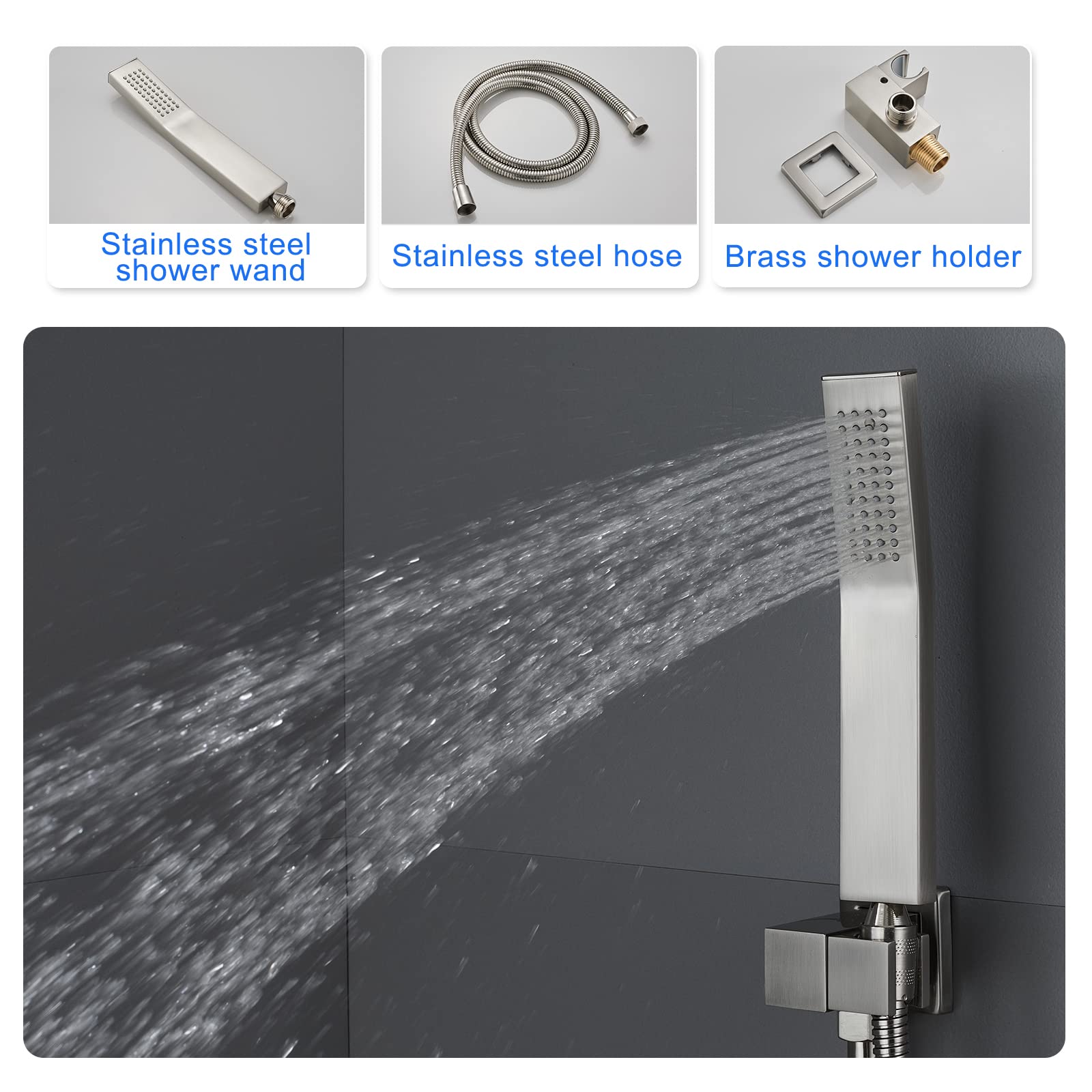 ROVOGO All Metal Brushed Nickel Bathtub Shower Faucet Set - 10 Inch Square Rain Shower Head with Handheld Sprayer, Tub Spout & Valve Trim Kit | Perfect for Modern Bathroom Renovations & Spa-Like Shower Experience
