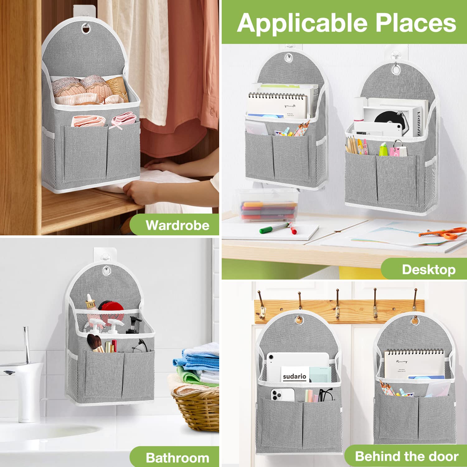 2 Pack Waterproof Wall Hanging Organizer with Multiple Pockets - Fabric Storage Basket & Over The Door Caddy for Kitchen, Bedroom, Bathroom - Space Saving Grey Closet Shelves (Perfect for Small Spaces & Home Organization)