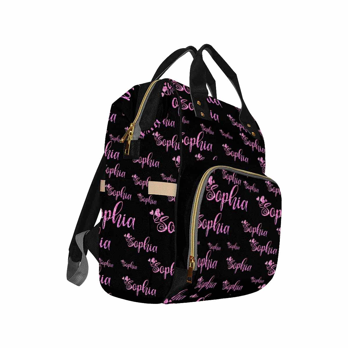 Custom Personalized Diaper Backpack with Name Embroidery - Pink Sparkle Text on Black Baby Nappy Bag for Moms & Dads | Multifunctional Travel Backpack, Daypack & Shoulder Bag for Parenting, Outings & Family Trips