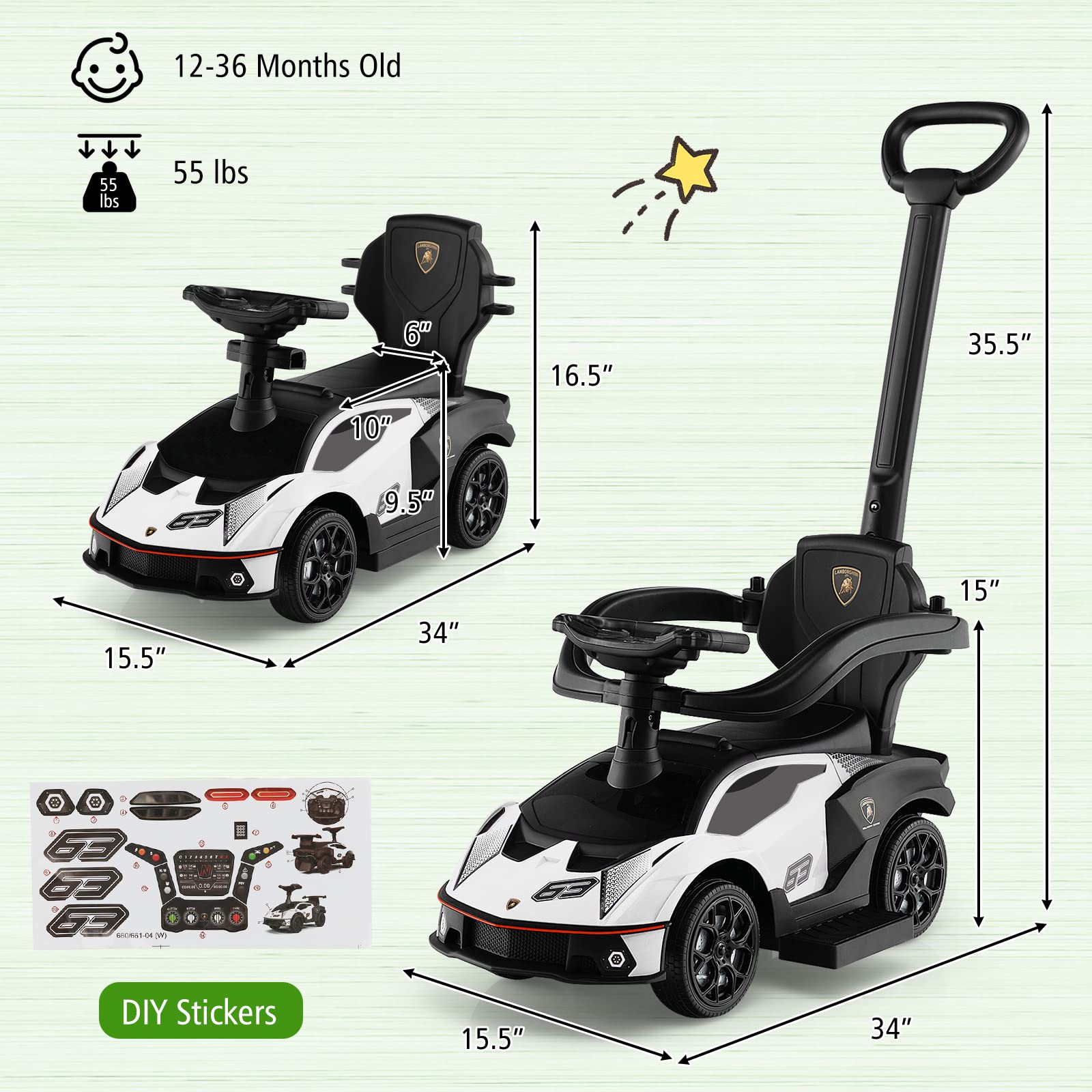 Costzon 3-in-1 Push Car for Toddlers - Licensed Lamborghini Stroller, Ride-On Toy with Handle, Armrest Guardrail & Storage - Foot-to-Floor Walking Car with Horn - Perfect Gift for Boys & Girls (White) - Indoor & Outdoor Play, Birthday & Holiday Present