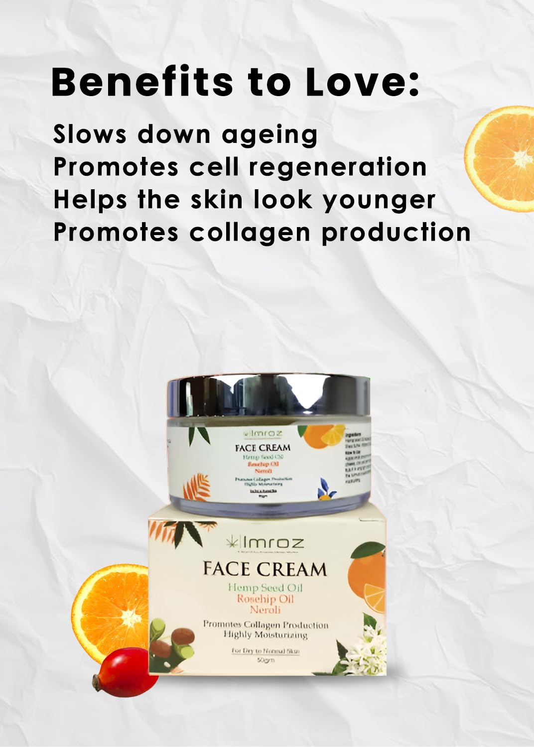 Imroz Face Cream 50gm - Hydrating & Moisturizing Daily Cream with Neroli, Hemp Seed & Rosehip Oil for Glowing Skin | 24-Hour Hydration | Lightweight, Non-Greasy Formula for Normal to Dry Skin | Men & Women | Perfect for Day & Night Skincare Routine