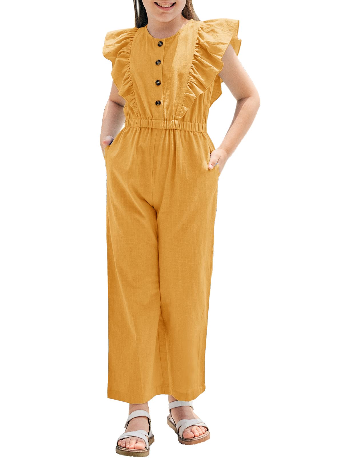 GAMISOTE Girls Wide Leg Jumpsuit - Cotton Sleeveless Romper with Button Up & Ruffle Detail | Casual Summer Outfit for Playdates, Beach & Outdoor Activities