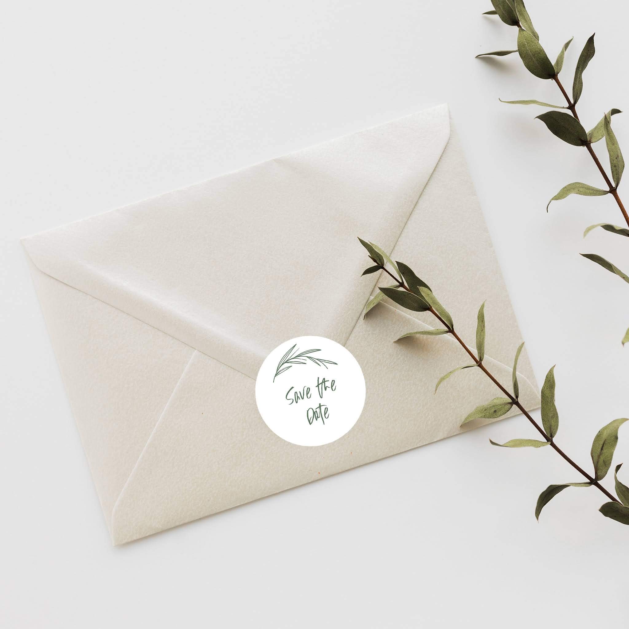 Save The Date Stickers - 2 Inch Round Wedding Seals with Minimal Green Leaf Design (120-Pack) - Perfect for Wedding Invitations, Envelopes & Stationery - Elegant DIY Wedding Decor & Event Planning Supplies