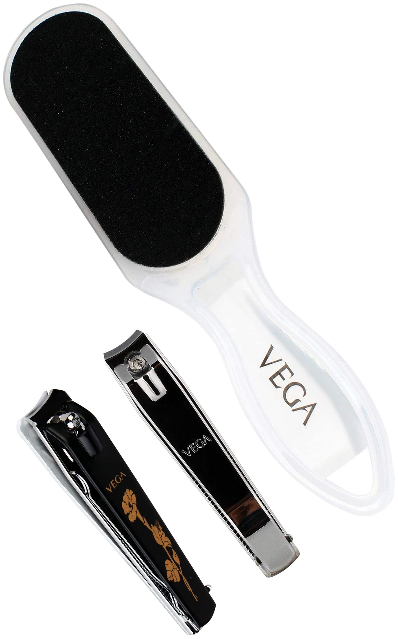 VEGA Emery Foot Filer & Large Nail Clipper Set (Black, LNC-03) - Professional Pedicure Tools for Callus Removal & Nail Care - Perfect for Home Spa, Travel & Salon Use