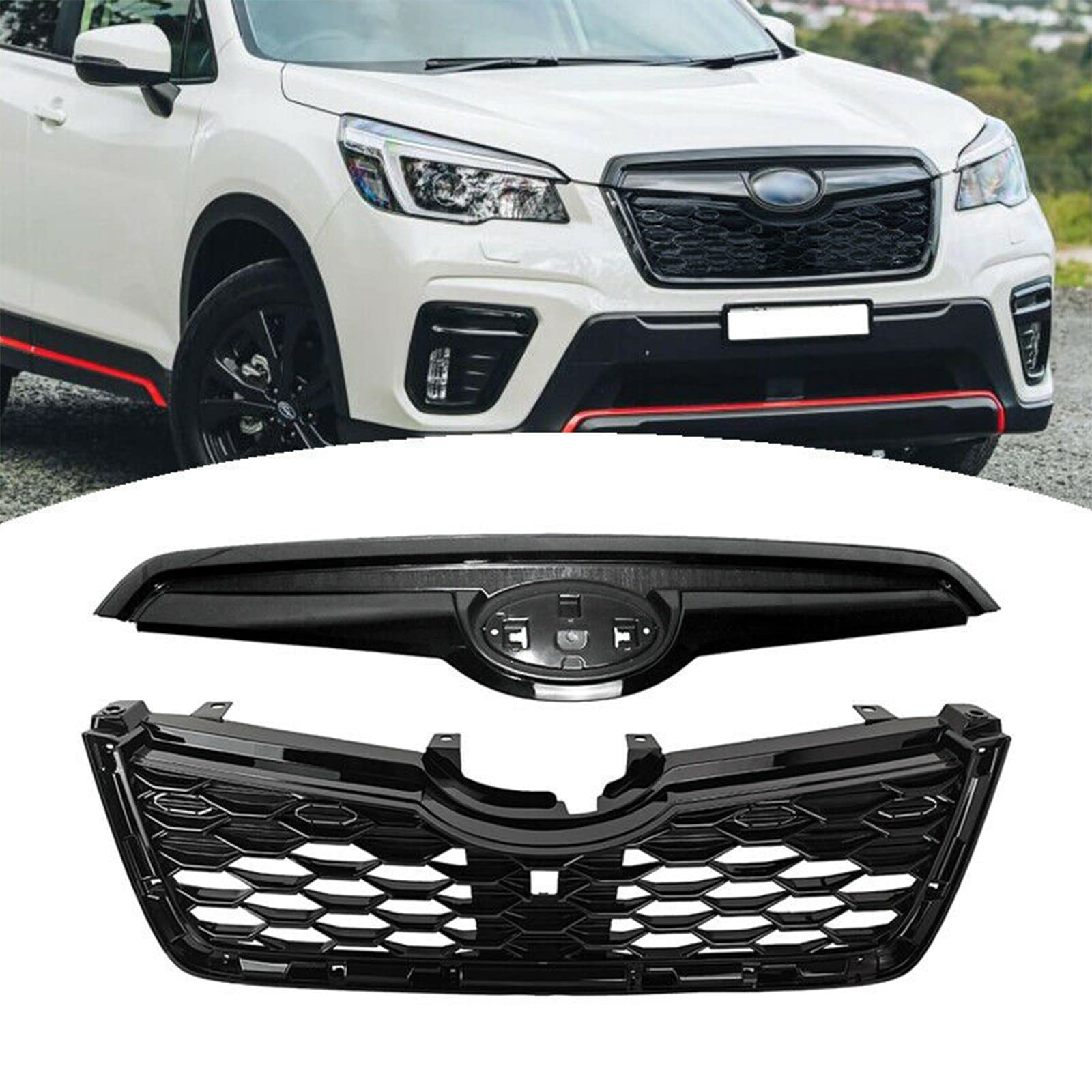YLT AUTO Gloss Black Front Bumper Grille Honeycomb Air Intake Replacement Kit for 2019-2021 Subaru Forester | Upgrade Your Car's Style & Airflow Performance | Perfect for Off-Roading & Daily Commuting