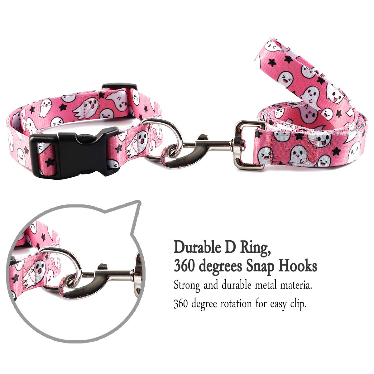 Impoosy 2-Piece Halloween Pet Collar and Ghost Leash Set - Adjustable Cute Dog Cat Collar for Small Medium Large Pets (X-Large, Pink) - Perfect for Halloween Costumes, Pet Parties & Spooky Photo Shoots