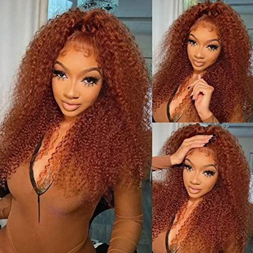 13x4 Lace Front Wigs Human Hair Brazilian Remy - Longqi Ginger Brown Jerry Curly 150% Density Pre Plucked with Baby Hair 18 Inch | Natural Looking Wigs for Women | Perfect for Daily Wear, Parties & Special Occasions