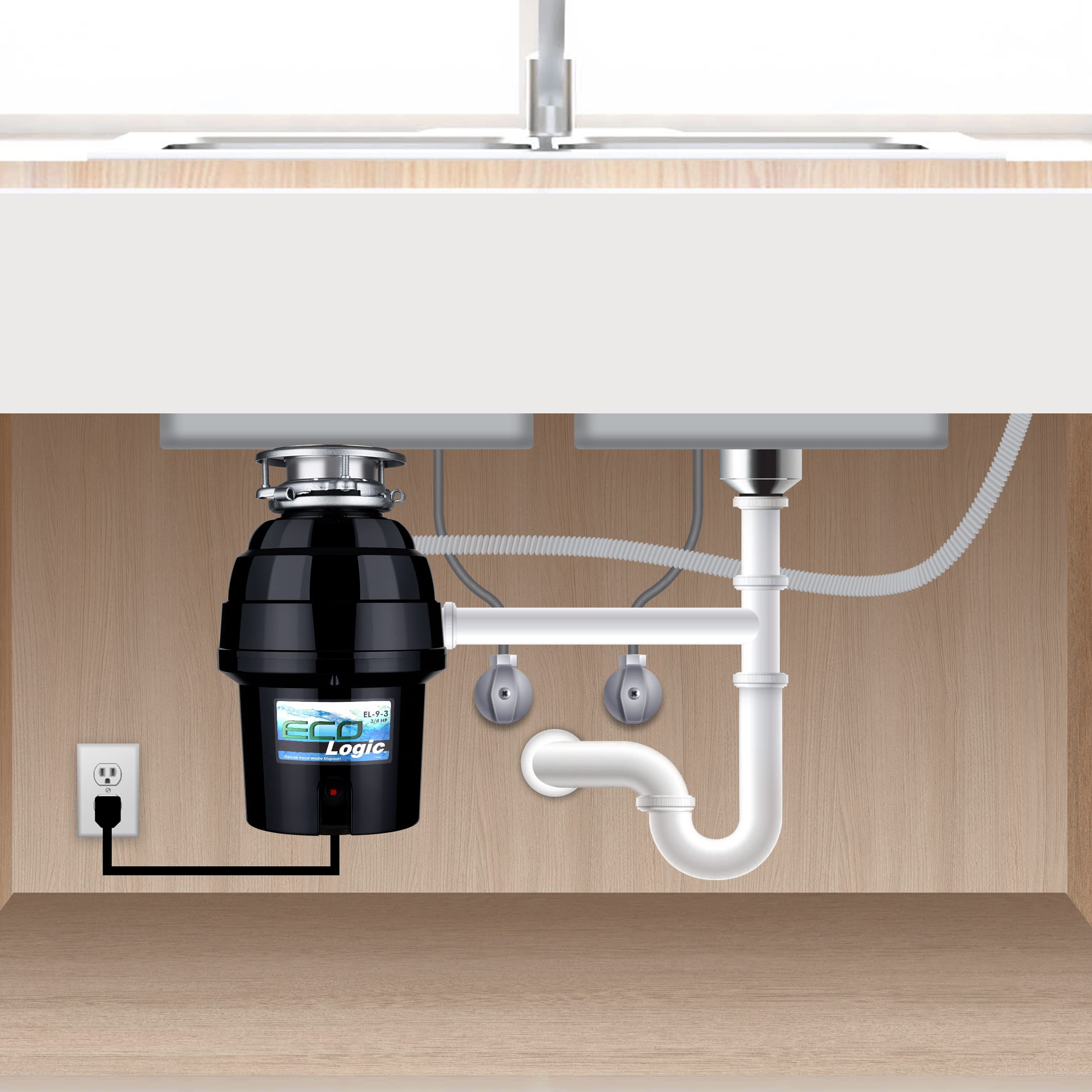 Eco Logic 3/4 HP Continuous Feed Garbage Disposal with Removable Splash Guard, Power Cord & 3-Bolt Mount - Black | Under Sink Kitchen Waste Disposer for Home & Restaurant Use
