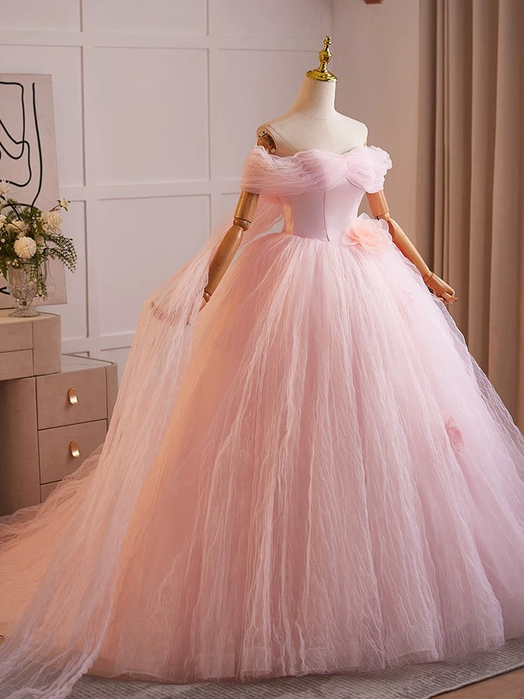 Elegant A-Line Off Shoulder Pink Tulle Long Prom Dress for Sweet 16, Quinceañera & Formal Events - Perfect for Homecoming, Ball Gowns & Special Occasions