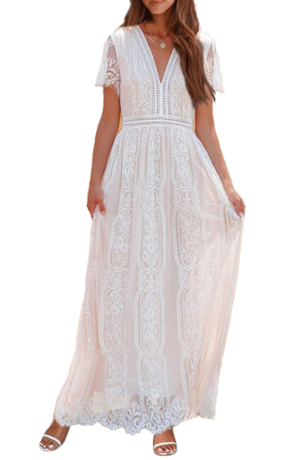 Elegant Women's Floral Lace Maxi Dress - Short Sleeve V-Neck Bridesmaid Gown for Wedding, Evening Party & Special Occasions | Perfect for Summer Weddings, Garden Parties & Formal Events