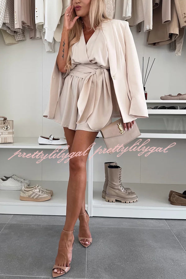 Stylish Comfortable V-Neck Wide Sleeve Tie-Up Loose Romper for Women - Summer Casual Outfit, Beach Cover-Up, Lounge Wear, and Vacation Essentials
