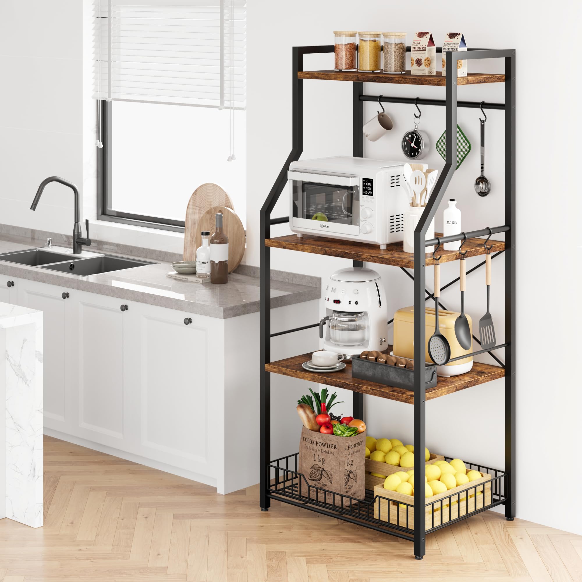 IDEALHOUSE 4-Tier Kitchen Bakers Rack with Microwave Stand - Industrial Coffee Bar Station & Storage Shelf with Large Wire Basket & 8 Hooks - Rustic Brown Organizer for Spices, Pots & Kitchen Utensils - Perfect for Small Kitchens, Coffee Bars & Pantry Organization