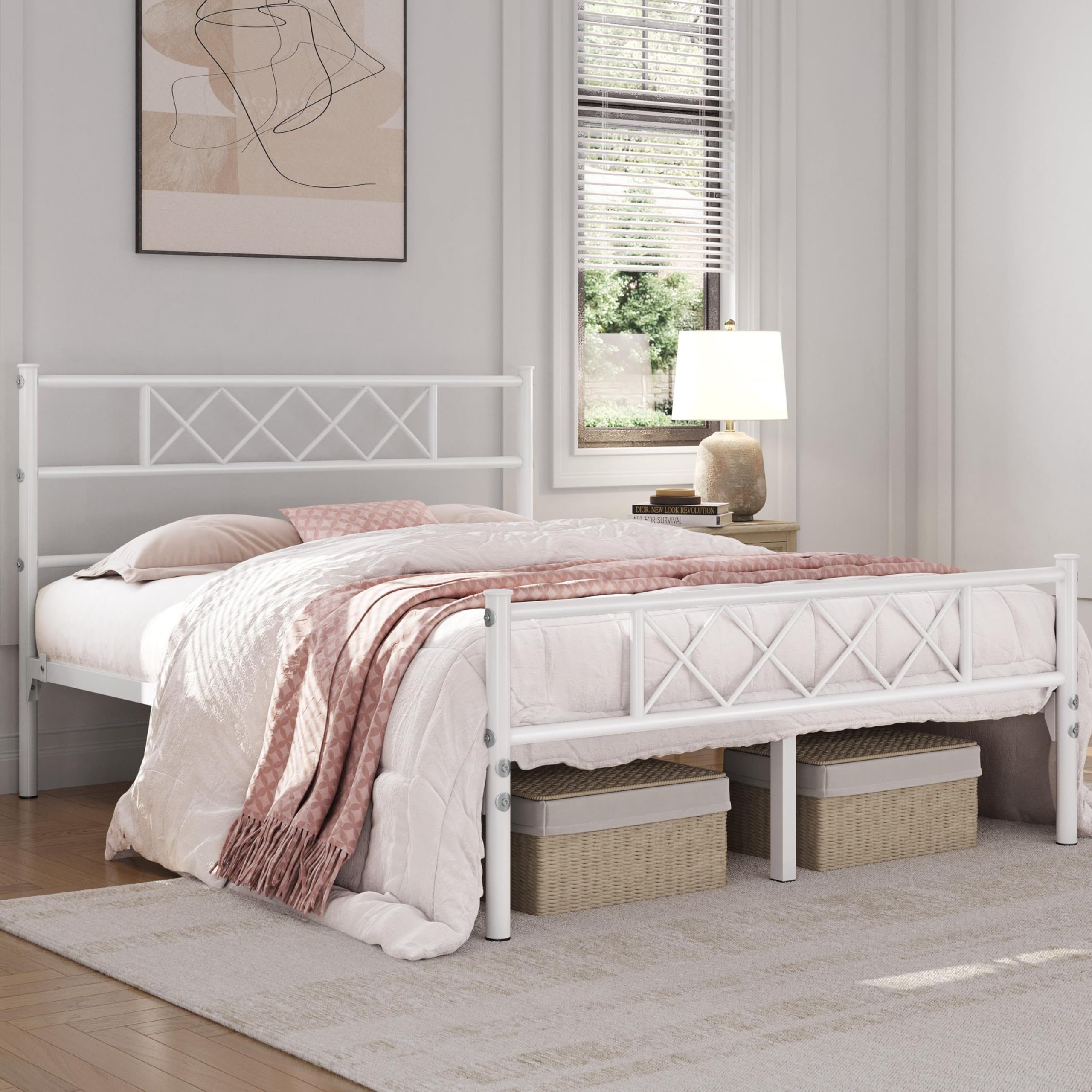 Topeakmart White Metal Queen Bed Frame with Headboard & Footboard - Sturdy Platform Bed with Slat Support & Under Bed Storage - Perfect for Master Bedroom, Guest Room, or Small Space