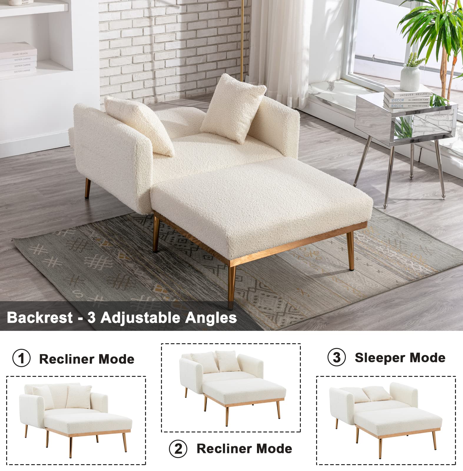 KINFFICT Convertible Chaise Lounge Chair - Modern Adjustable Lounger with 3 Positions, Indoor Sleeper Sofa Bed Includes 2 Pillows, 400 LBS Weight Capacity, Creamy White - Perfect for Living Room, Bedroom, Office & Small Space Relaxation