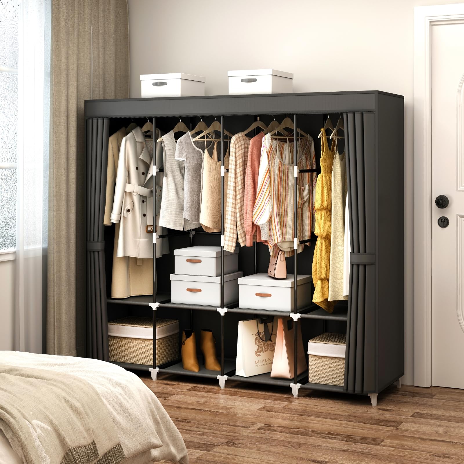 67-Inch Portable Closet Wardrobe with 4 Hanging Rods & 8 Shelves - Large Capacity Non-Woven Fabric Storage Organizer for Bedroom, Living Room & Closet - Perfect for Seasonal Clothes Storage & Small Space Organization (Black)