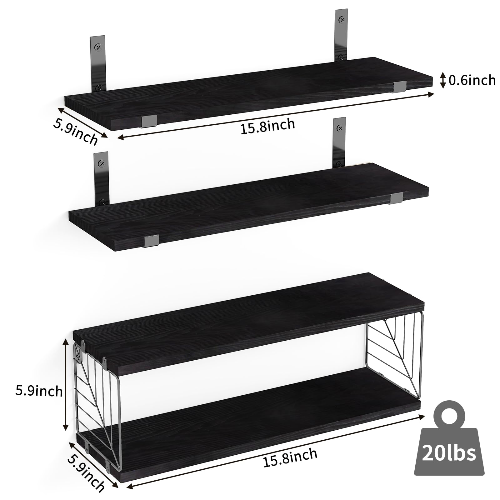Fixwal 3-Tier Floating Bathroom Shelves Over Toilet - 15.8 Inch Rustic Farmhouse Wood Wall Shelves for Bathroom Storage - Space-Saving Decor for Living Room, Bedroom & Kitchen (Black) - Perfect for Organizing Toiletries, Towels and Decorative Items