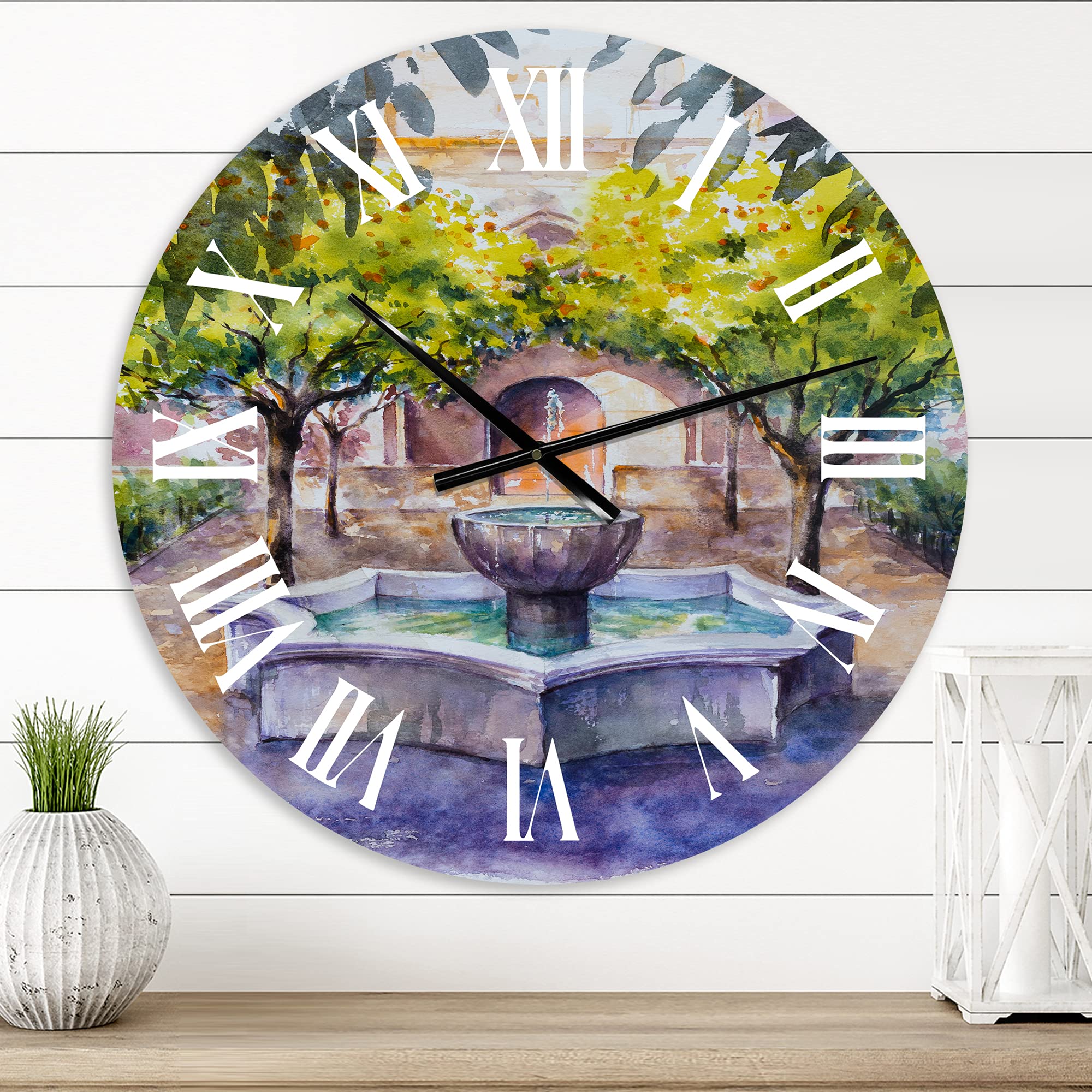 Rustic Country Wall Clock with Small Fountain & Trees Landscape - Large Vintage Home Decor for Living Room, Bedroom, or Office | Perfect Farmhouse Style Wall Art