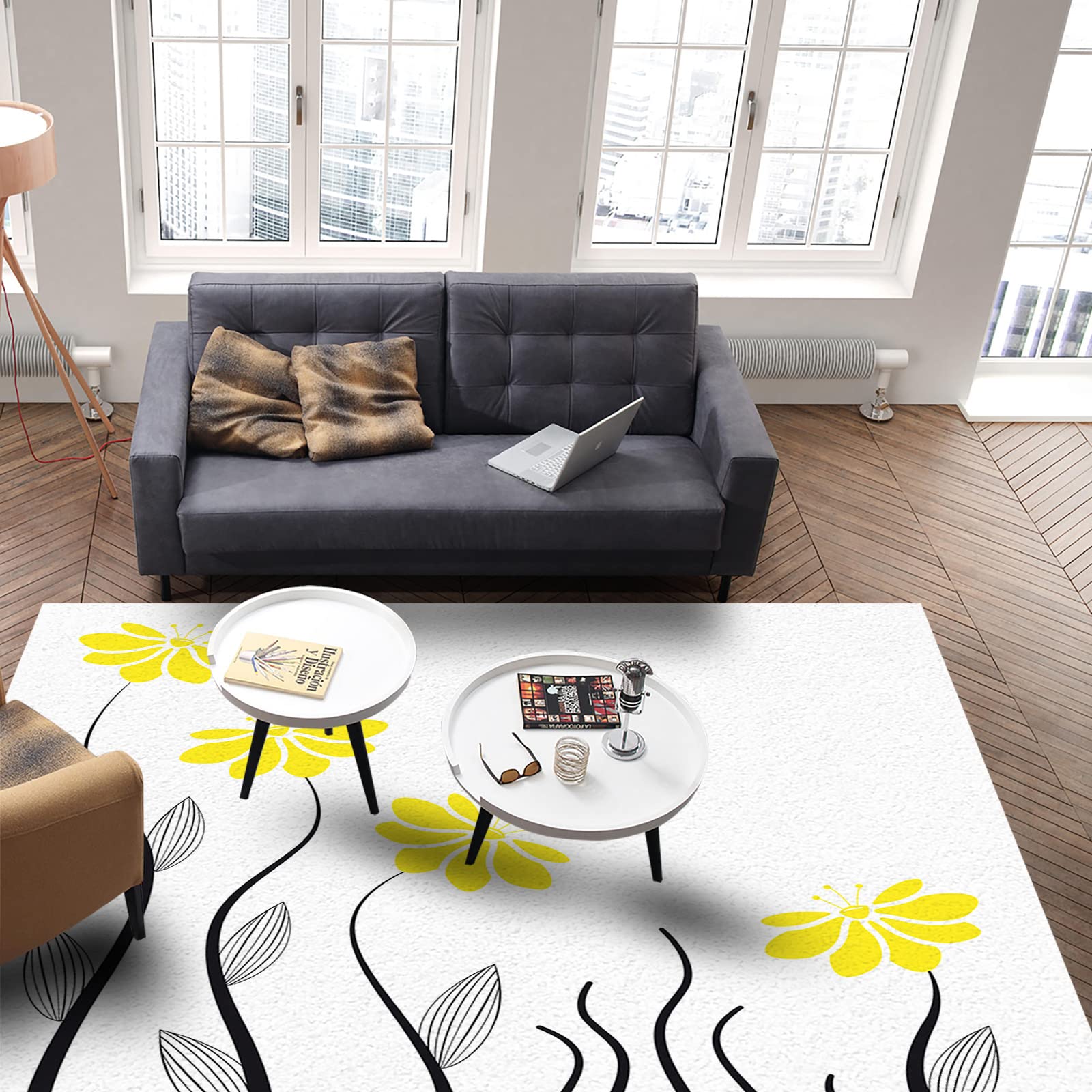 4'x7' Washable Area Runner Rug - Yellow Aqua Floral Petals with Striped Leaves & Geometric Lines for Kitchen, Living Room, Bathroom, Bedroom, Classroom | Modern Non-Slip Bath Mat for Home Decor & Pet-Friendly Spaces