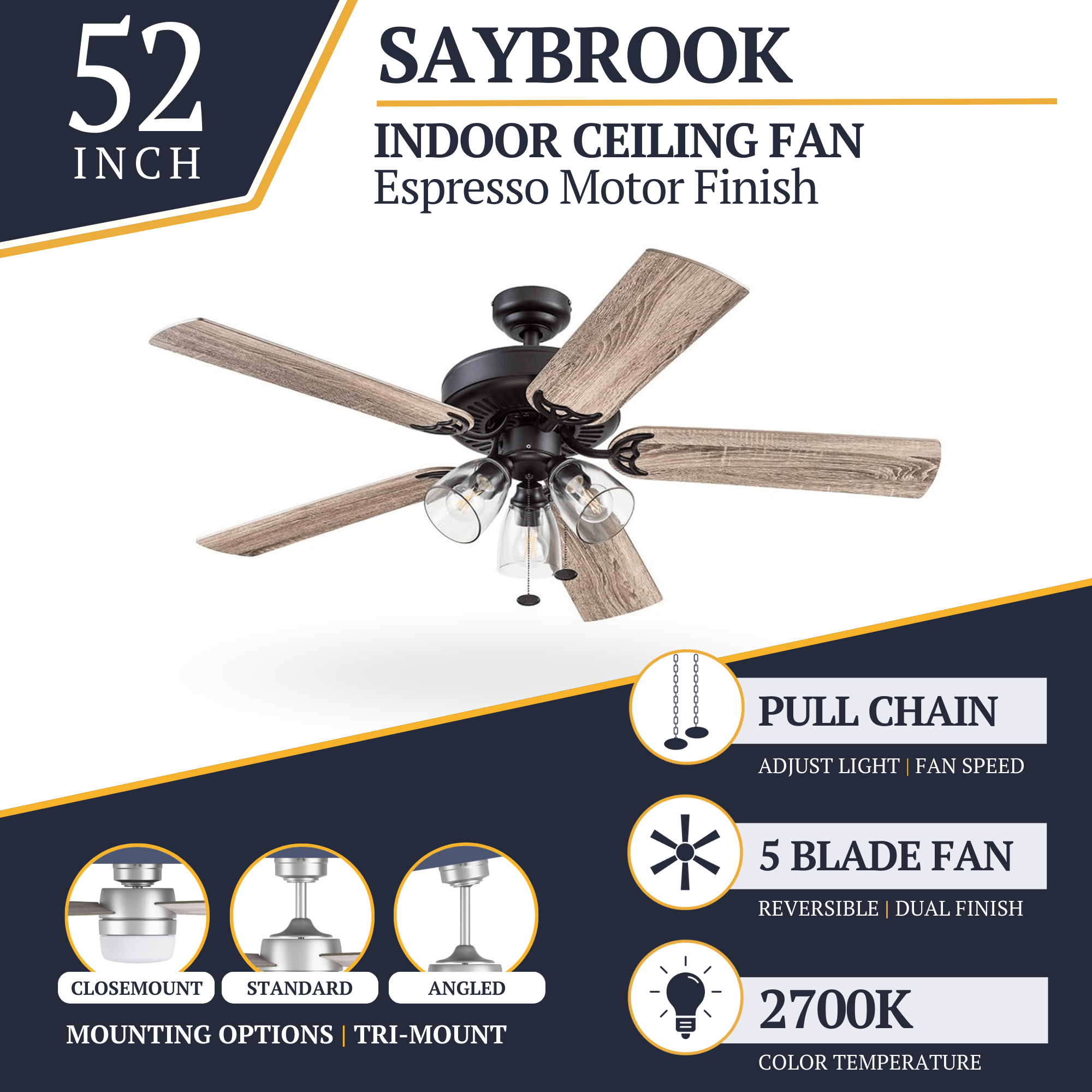 52 Inch Saybrook Espresso Bronze Ceiling Fan with Pull Chain - Modern Indoor Ceiling Fan for Living Room, Bedroom, and Office
