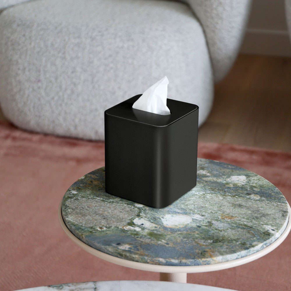 DESIGNSTUFF Square Tissue Box with Metal Lid - Black & Black | Modern Home Decor for Living Room, Bedroom, or Office