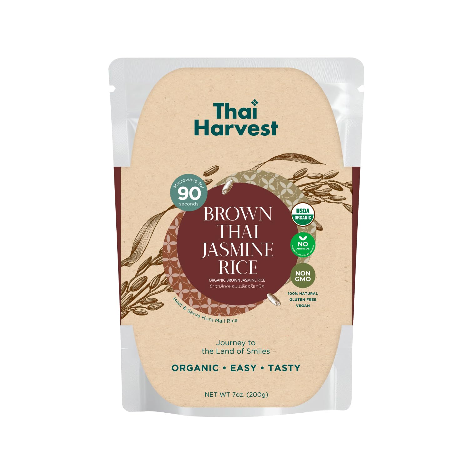 THAI HARVEST 100% USDA Organic Brown Jasmine Rice - 7 Ounce (Pack of 8) | Microwaveable 90 Seconds | Ready to Eat Instant Rice | Gluten Free & Preservative Free | Perfect for Quick Meals, Office Lunches & Emergency Food Supply